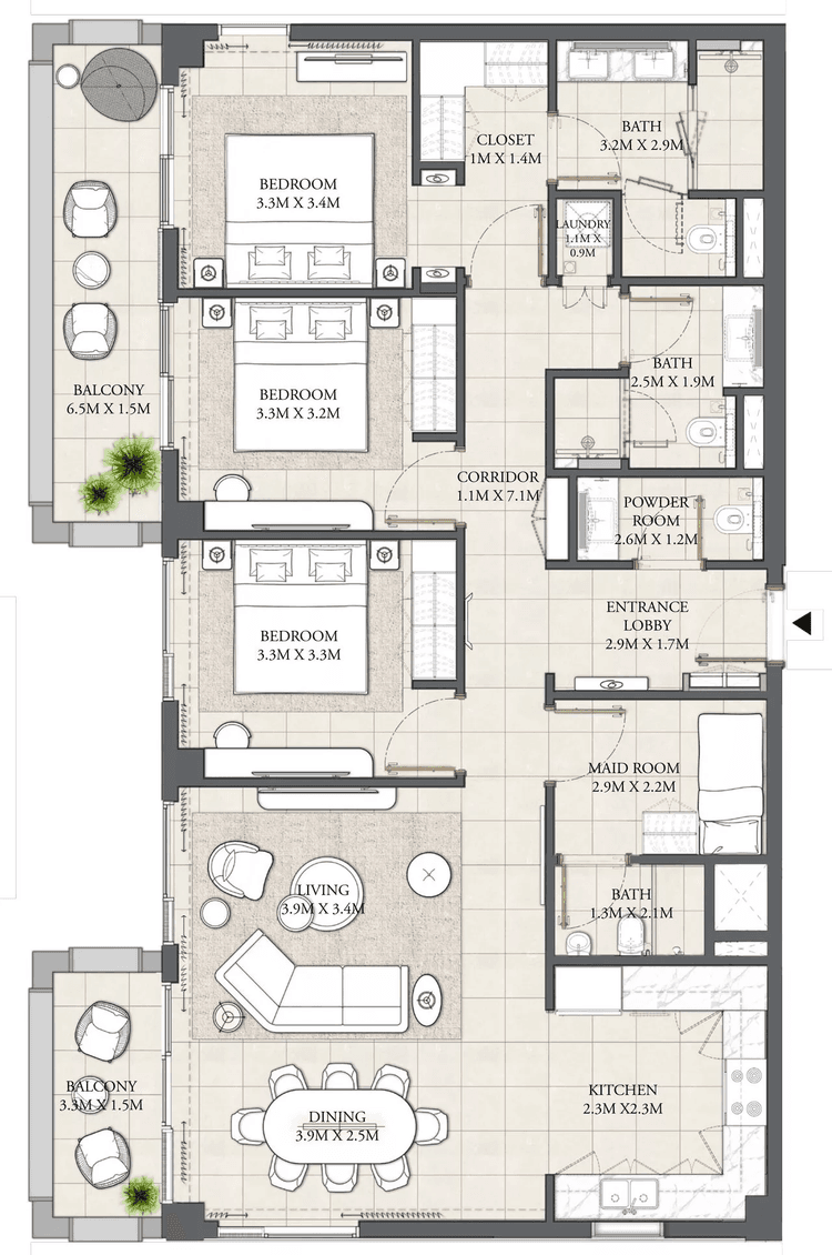 3 Bedrooms Bedroom Floor Plan
