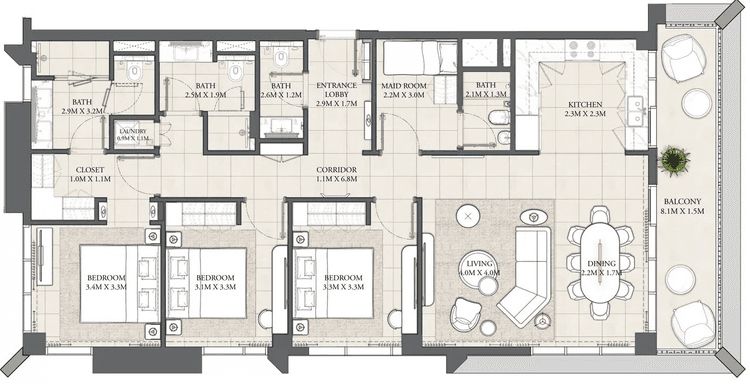 3 Bedrooms Bedroom Floor Plan