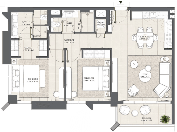 2 Bedrooms Bedroom Floor Plan